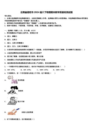 云南省德宏市2024届八下物理期末教学质量检测试题含解析.doc