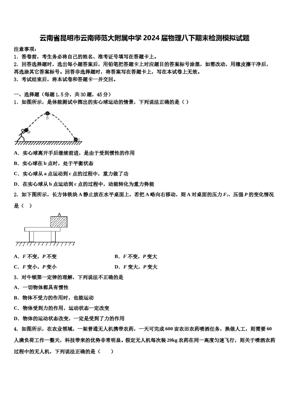 云南省昆明市云南师范大附属中学2024届物理八下期末检测模拟试题含解析.doc_第1页