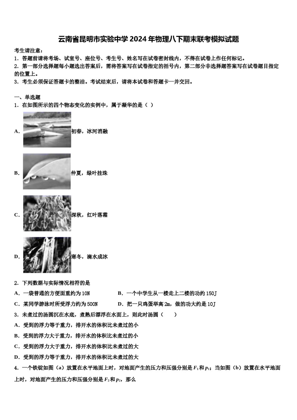 云南省昆明市实验中学2024年物理八下期末联考模拟试题含解析.doc_第1页