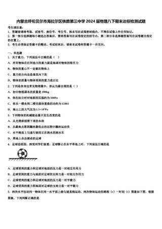 内蒙古呼伦贝尔市海拉尔区铁路第三中学2024届物理八下期末达标检测试题含解析.doc