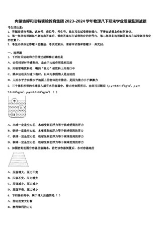 内蒙古呼和浩特实验教育集团2023-2024学年物理八下期末学业质量监测试题含解析.doc