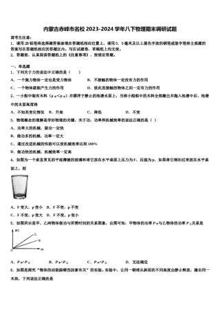 内蒙古赤峰市名校2023-2024学年八下物理期末调研试题含解析.doc