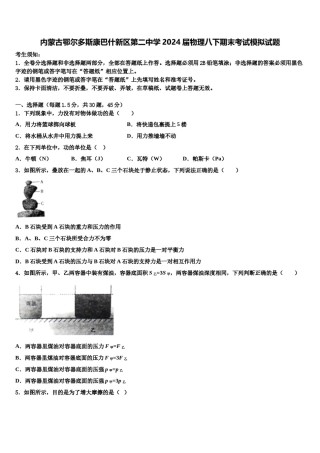 内蒙古鄂尔多斯康巴什新区第二中学2024届物理八下期末考试模拟试题含解析.doc