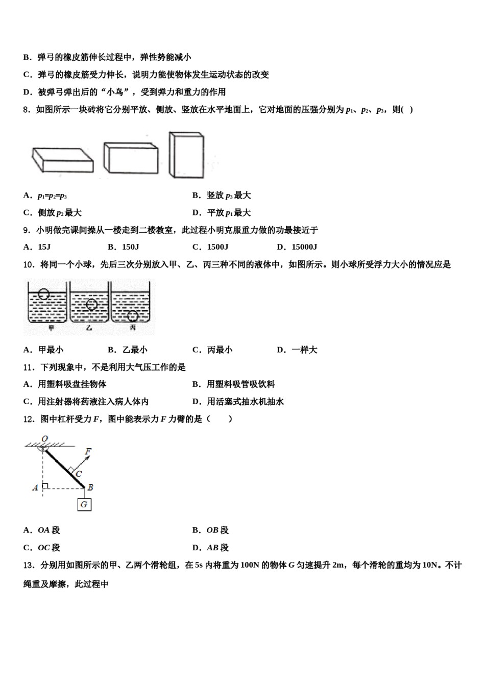北京二中学教育集团2023-2024学年八下物理期末教学质量检测模拟试题含解析.doc_第3页