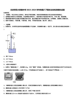 北京师范大附属中学2023-2024学年物理八下期末达标检测模拟试题含解析.doc