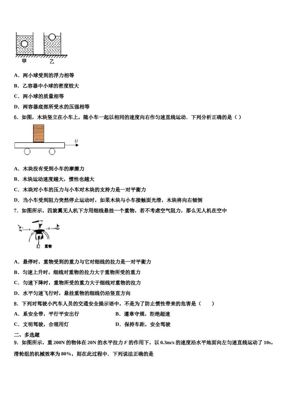 吉林省九台区加工河中学心学校2024年物理八下期末统考模拟试题含解析.doc_第2页