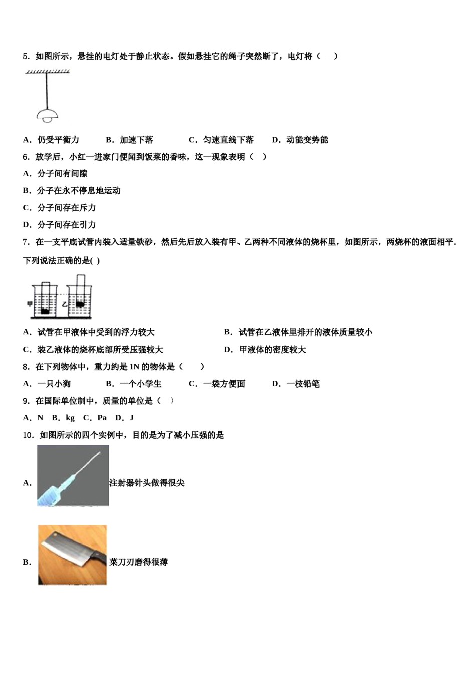 吉林省四平市第三中学2024届物理八下期末综合测试试题含解析.doc_第2页