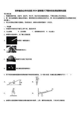 吉林省白山市长白县2024届物理八下期末综合测试模拟试题含解析.doc
