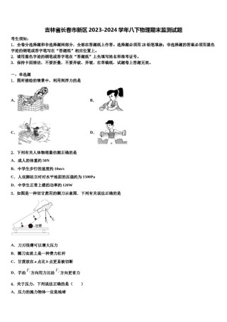 吉林省长春市新区2023-2024学年八下物理期末监测试题含解析.doc