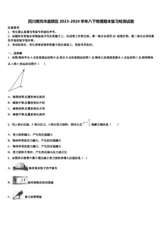 四川南充市嘉陵区2023-2024学年八下物理期末复习检测试题含解析.doc