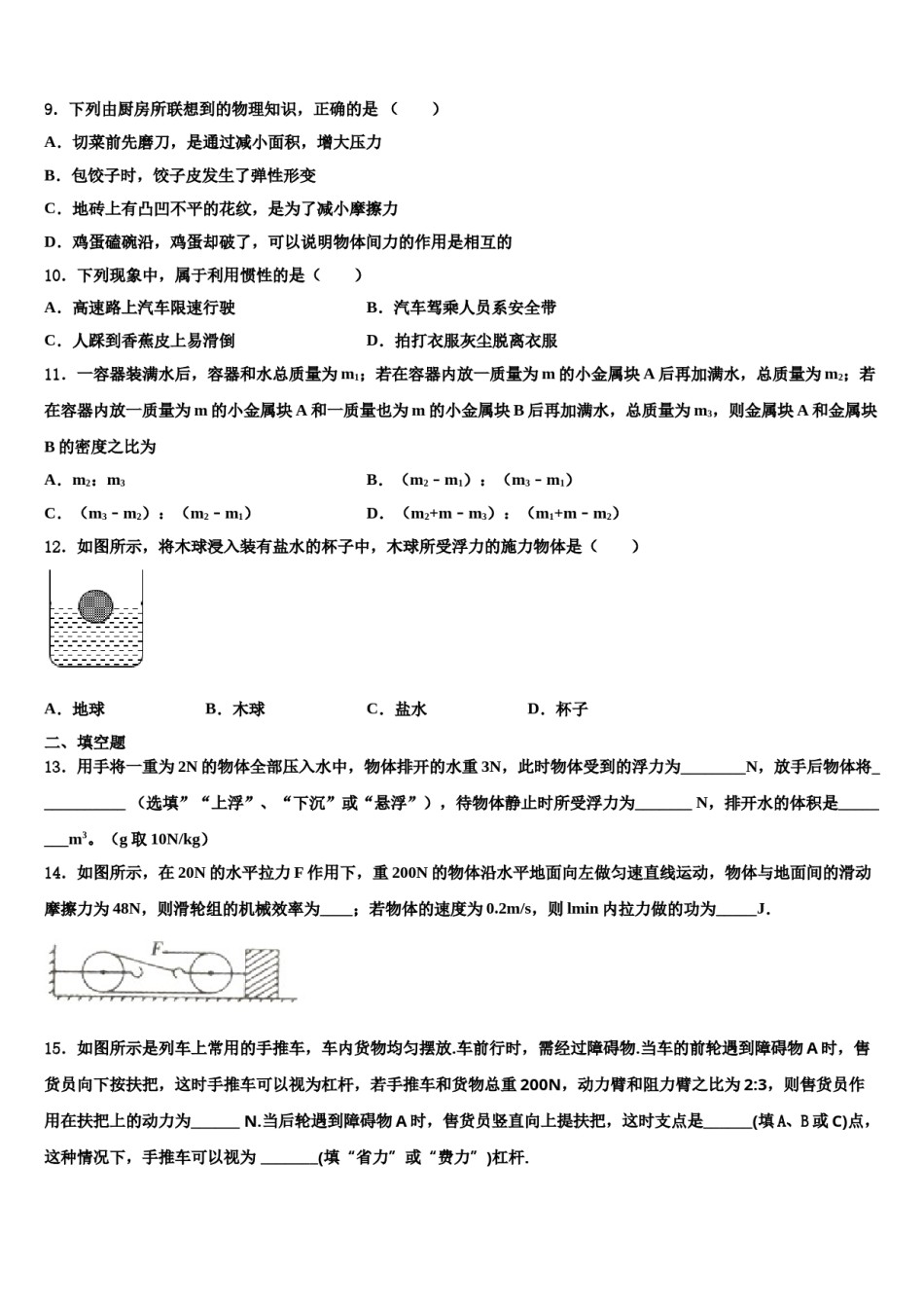 四川省乐山市第七中学2023-2024学年八年级物理第二学期期末统考试题含解析.doc_第3页