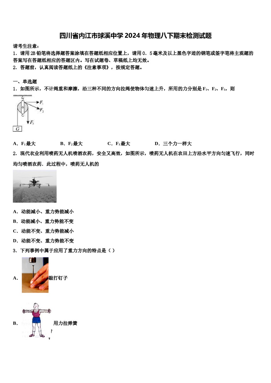 四川省内江市球溪中学2024年物理八下期末检测试题含解析.doc_第1页