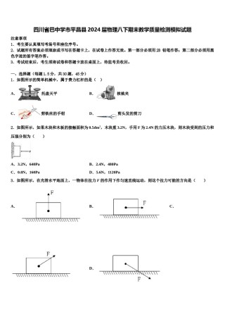 四川省巴中学市平昌县2024届物理八下期末教学质量检测模拟试题含解析.doc
