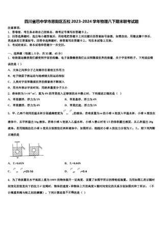 四川省巴中学市恩阳区五校2023-2024学年物理八下期末联考试题含解析.doc