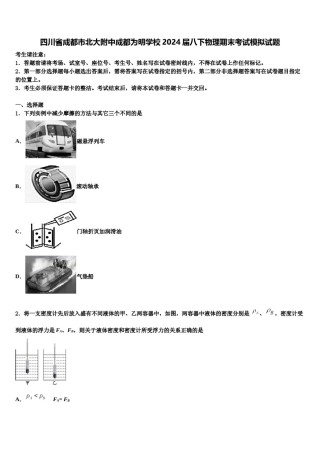 四川省成都市北大附中成都为明学校2024届八下物理期末考试模拟试题含解析.doc