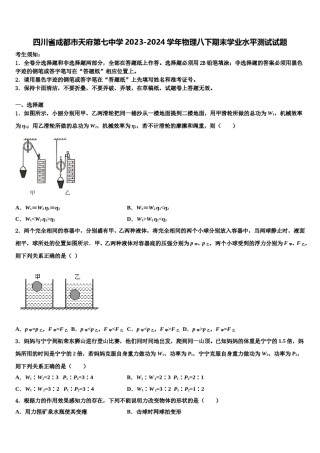 四川省成都市天府第七中学2023-2024学年物理八下期末学业水平测试试题含解析.doc