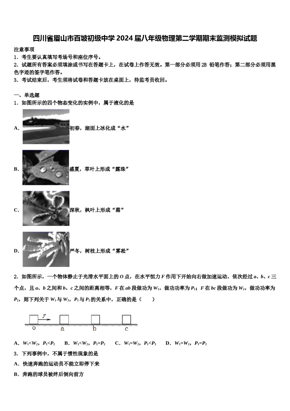 四川省眉山市百坡初级中学2024届八年级物理第二学期期末监测模拟试题含解析.doc_第1页