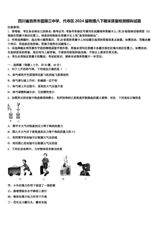 四川省自贡市富顺三中学、代寺区2024届物理八下期末质量检测模拟试题含解析.doc