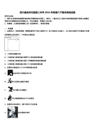 四川省自贡市富顺二中学2024年物理八下期末预测试题含解析.doc