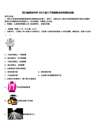 四川省雅安中学2024届八下物理期末统考模拟试题含解析.doc