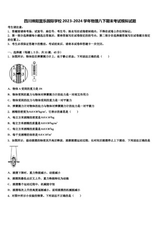 四川绵阳富乐园际学校2023-2024学年物理八下期末考试模拟试题含解析.doc