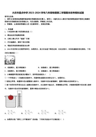 大庆市重点中学2023-2024学年八年级物理第二学期期末统考模拟试题含解析.doc