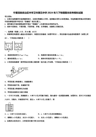 宁夏回族自治区中学卫市第五中学2024年八下物理期末统考模拟试题含解析.doc