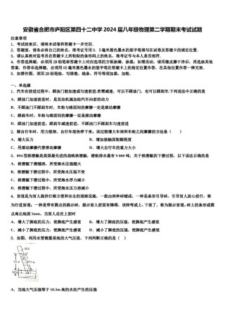 安徽省合肥市庐阳区第四十二中学2024届八年级物理第二学期期末考试试题含解析.doc
