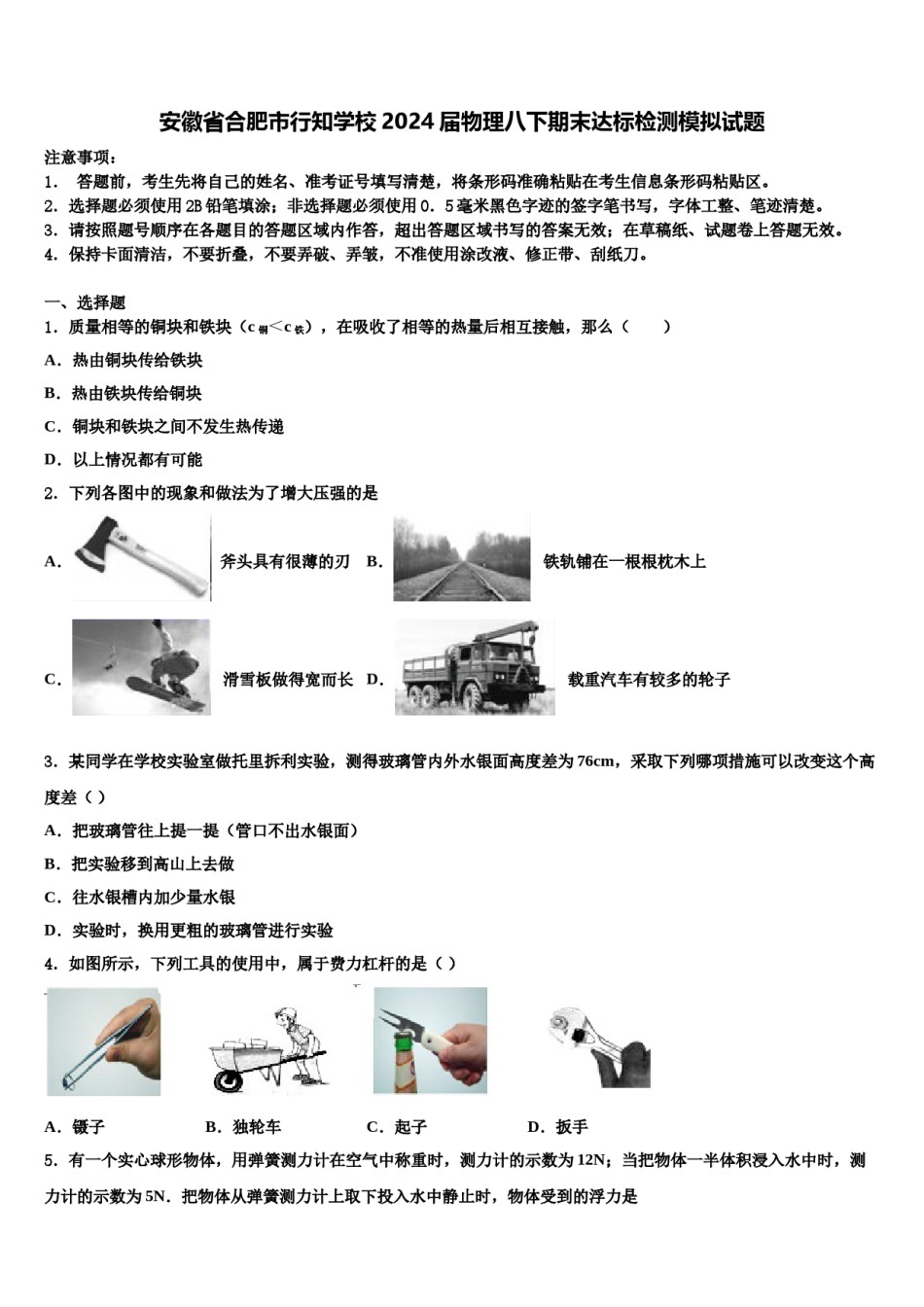 安徽省合肥市行知学校2024届物理八下期末达标检测模拟试题含解析.doc_第1页