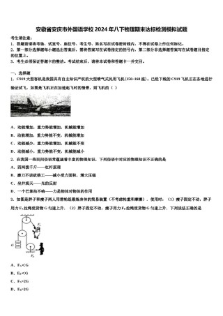 安徽省安庆市外国语学校2024年八下物理期末达标检测模拟试题含解析.doc