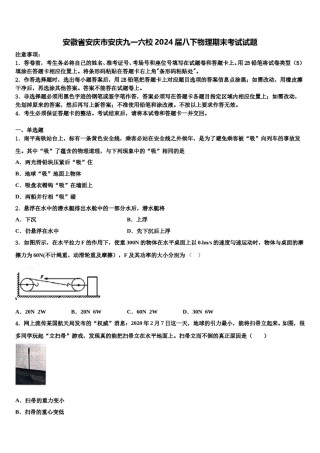 安徽省安庆市安庆九一六校2024届八下物理期末考试试题含解析.doc
