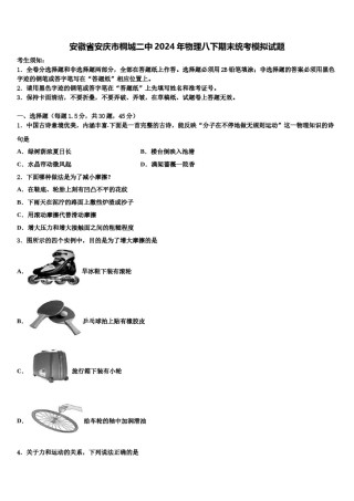 安徽省安庆市桐城二中2024年物理八下期末统考模拟试题含解析.doc