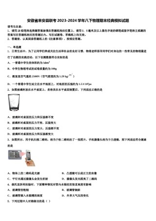 安徽省来安县联考2023-2024学年八下物理期末经典模拟试题含解析.doc