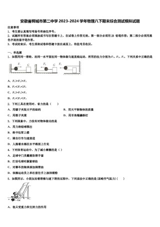 安徽省桐城市第二中学2023-2024学年物理八下期末综合测试模拟试题含解析.doc