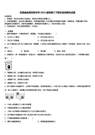 安徽省淮南实验中学2024届物理八下期末监测模拟试题含解析.doc