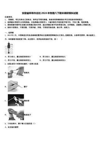 安徽省蚌埠市名校2024年物理八下期末调研模拟试题含解析.doc