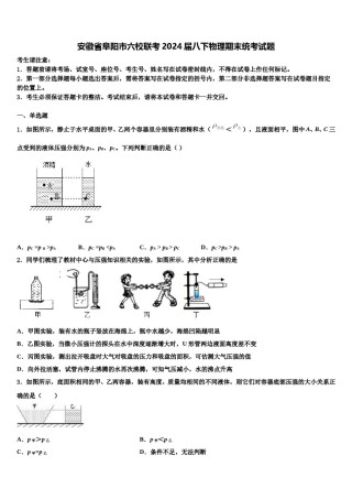 安徽省阜阳市六校联考2024届八下物理期末统考试题含解析.doc