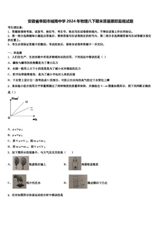 安徽省阜阳市城南中学2024年物理八下期末质量跟踪监视试题含解析.doc