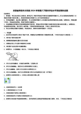 安徽省阜阳市太和县2024年物理八下期末学业水平测试模拟试题含解析.doc