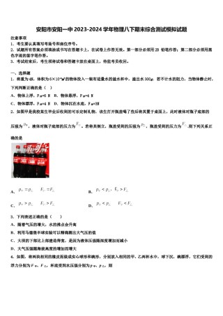 安阳市安阳一中2023-2024学年物理八下期末综合测试模拟试题含解析.doc