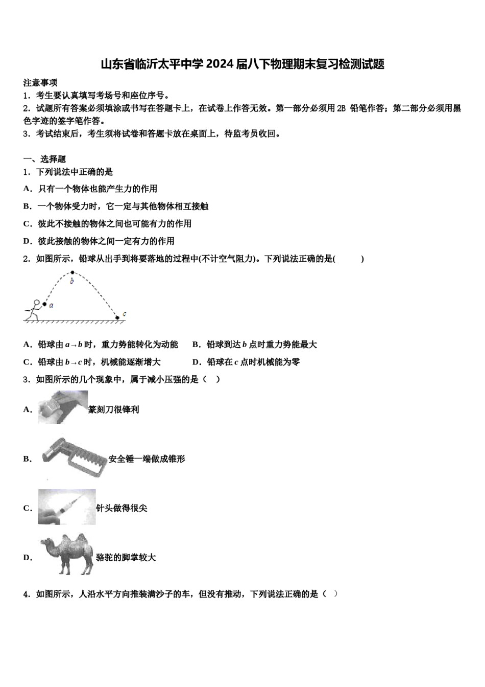 山东省临沂太平中学2024届八下物理期末复习检测试题含解析.doc_第1页