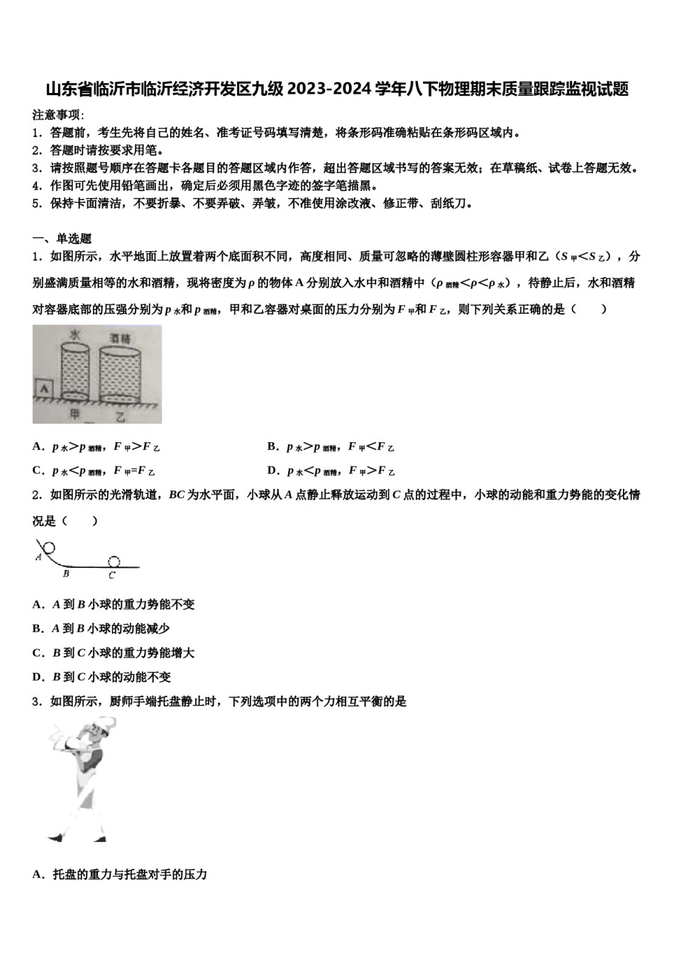 山东省临沂市临沂经济开发区九级2023-2024学年八下物理期末质量跟踪监视试题含解析.doc_第1页
