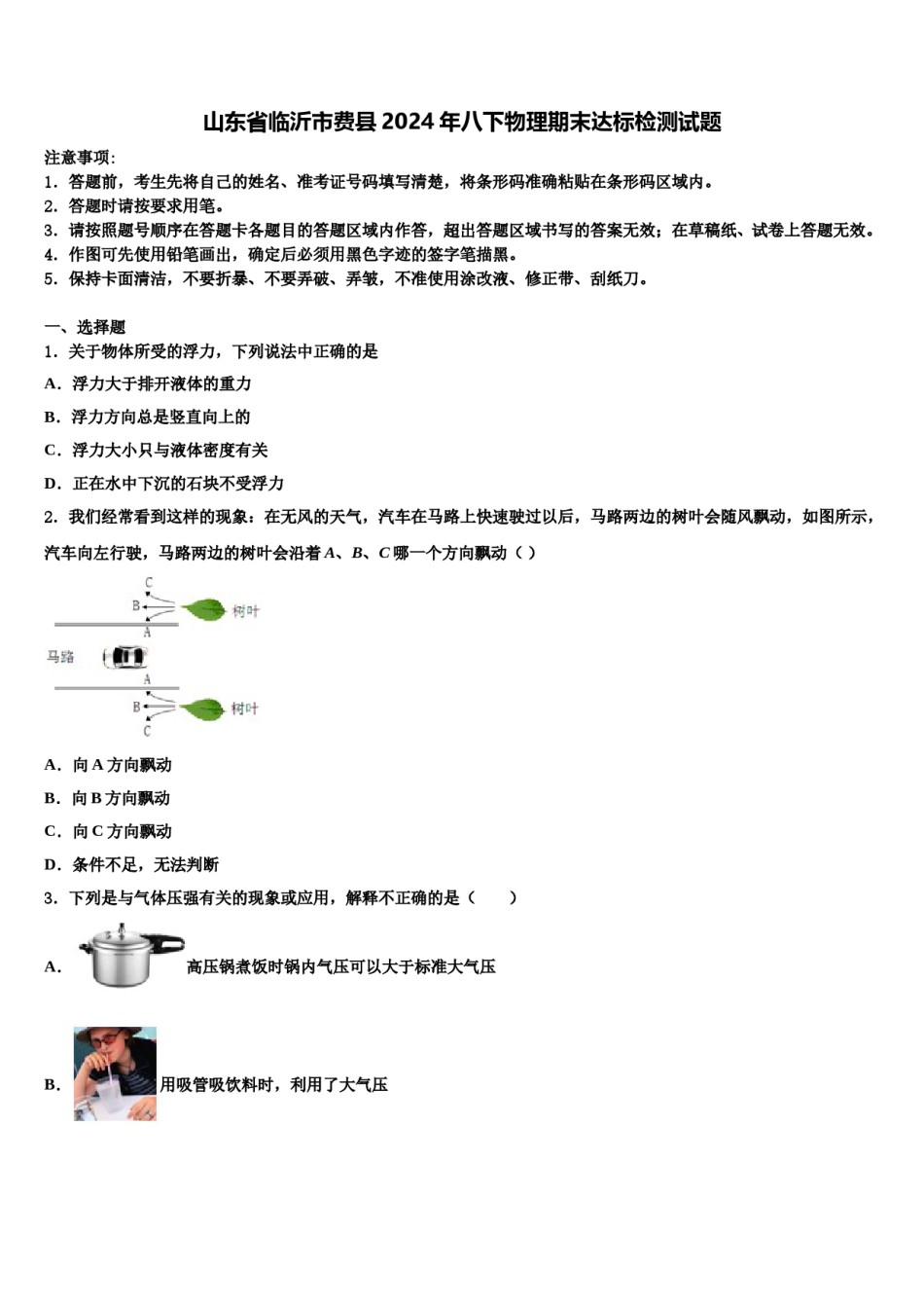 山东省临沂市费县2024年八下物理期末达标检测试题含解析.doc_第1页