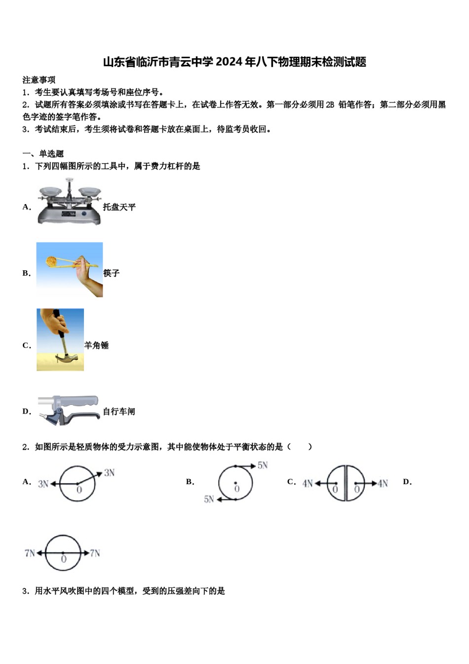 山东省临沂市青云中学2024年八下物理期末检测试题含解析.doc_第1页