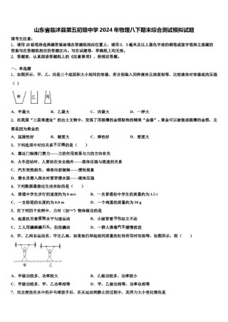 山东省临沭县第五初级中学2024年物理八下期末综合测试模拟试题含解析.doc