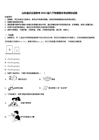 山东省庆云县联考2024届八下物理期末考试模拟试题含解析.doc