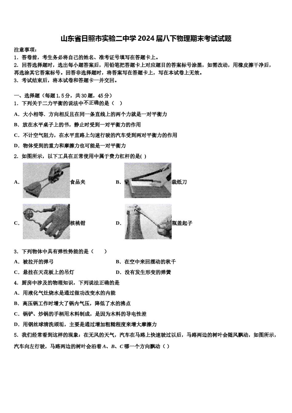 山东省日照市实验二中学2024届八下物理期末考试试题含解析.doc_第1页