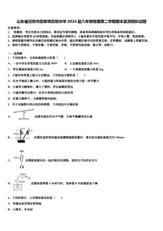 山东省日照市田家炳实验中学2024届八年级物理第二学期期末监测模拟试题含解析.doc