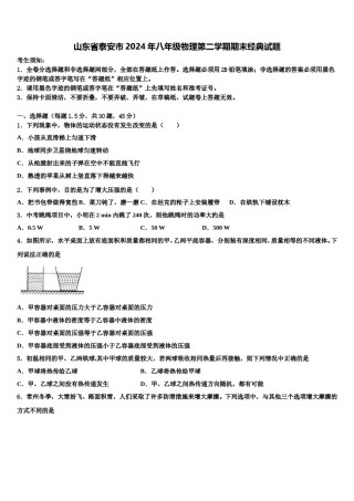 山东省泰安市2024年八年级物理第二学期期末经典试题含解析.doc