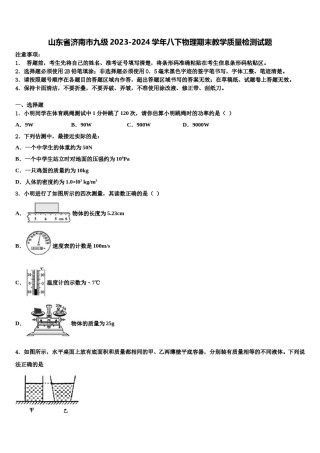 山东省济南市九级2023-2024学年八下物理期末教学质量检测试题含解析.doc